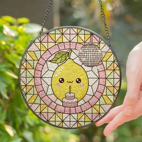 Kawaii Lemon Birthday Cake Disco Ball Stained Glass Mosaic Circle for Birthday Present Stained Glass Suncatcher