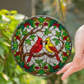 Male Red Cardinal Female Yellow Cardinal Stained Glass Tiffany Style Mosaic Art Stained Glass Suncatcher