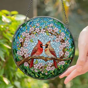 Cardinal Birds Cherry Blossom Branch - Intricate Stained Glass Mosaic Art with Jewel Tones Stained Glass Suncatcher