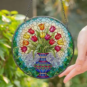 Tulip Bouquet Stained Glass Mosaic Art Tiffany Style Spring Floral Jewel Tones Decor Stained Glass Suncatcher