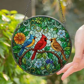 Three Songbirds Cardinal on Leafy Branch - Stained Glass Jewel Tones Flowers Berries Art Stained Glass Suncatcher