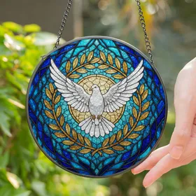 White Dove Golden Olive Branch Stained Glass - Blue Teal Mosaic Translucent Tiffany Stained Glass Suncatcher