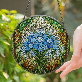 Tiffany Floral Blue White Flower Mosaic Stained Glass Art Dappled Foliage Jewel Tone Stained Glass Suncatcher