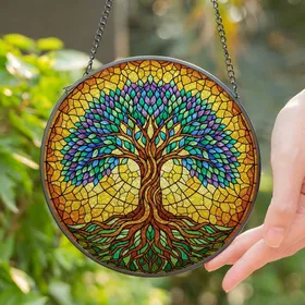 Tree of Life Intricate Full Frame Stained Glass Mosaic Art - Jewel Tone Glowing Home Decor Stained Glass Suncatcher