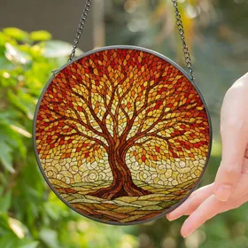 Tiffany Style Stained Glass Autumn Tree - Fiery Red Orange Fall Leaves Window Decor Stained Glass Suncatcher