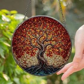 Gnarled Tree Autumn Leaves Stained Glass Tiffany Style Circular Mosaic Foliage Root System Stained Glass Suncatcher