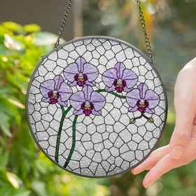 Blooming Lavender Magenta Orchid Stained Glass - Tiffany Style Colorful Floral Art Decor Stained Glass Suncatcher