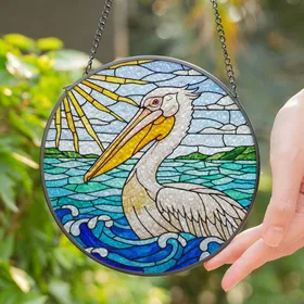 Majestic White Pelican Stained Glass - Coastal Ocean Waves & Islands Tiffany Jewel Tones Stained Glass Suncatcher