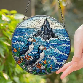 Atlantic Puffins Seascape Wildflowers Tiffany Style Stained Glass Home Decor Gift Stained Glass Suncatcher