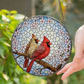 Male Female Cardinal Bird Cherry Blossom Tiffany Stained Glass - Spring Sky Decor Gift Stained Glass Suncatcher