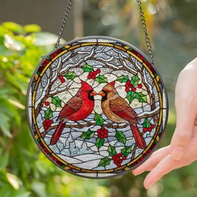 Male Female Cardinal Winter Stained Glass Art - Tiffany Style Snow Landscape Gift Stained Glass Suncatcher