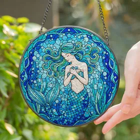 Serene Mermaid Tiffany Style Stained Glass - Jewel Tone Aquatic Mosaic Window Decor Stained Glass Suncatcher