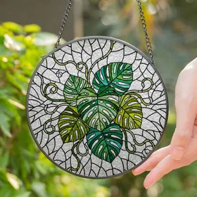 Stained Glass Monstera Deliciosa Leaves Tiffany Style Organic Tendrils Mosaic Background Stained Glass Suncatcher