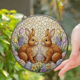 Fluffy Brown Rabbits Easter Eggs Spring Flowers - Colorful Tiffany Glass Home Decor Stained Glass Suncatcher