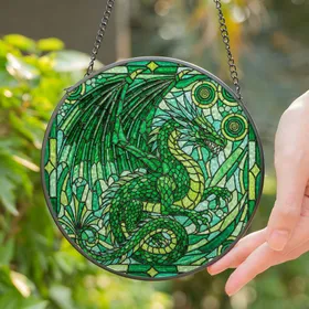 Majestic Dragon Stained Glass Art Tiffany Emerald Green Teal Watchful Gaze Mosaic Stained Glass Suncatcher