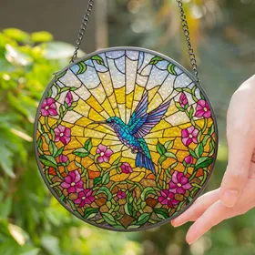 Hummingbird Tiffany Style Stained Glass Mosaic Floral Art with Jewel Tones Stained Glass Suncatcher