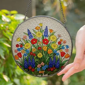 Tiffany Stained Glass Garden Flowers - Assorted Blooming Florals with Cracked Glass Mosaic Stained Glass Suncatcher