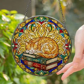 Sleeping Tabby Cat Vintage Books Tiffany Stained Glass Organic Geometric Art Stained Glass Suncatcher