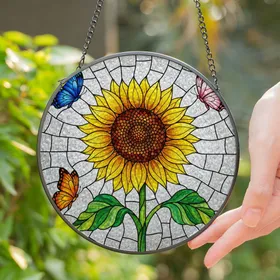 Sunflower Butterfly Stained Glass Art - Intricate Tiffany Style Mosaic Clear Textured Glass Stained Glass Suncatcher