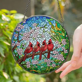 Four Cardinal Birds Cherry Blossom Tree Tiffany Stained Glass Art - Jewel Tones Stained Glass Suncatcher