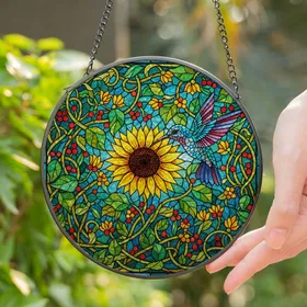 Vibrant Hummingbird Sunflower Tiffany Stained Glass Intricate Botanical Edge-to-Edge Detail Stained Glass Suncatcher