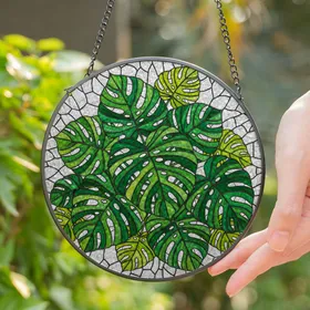 Monstera Deliciosa Leaf Stained Glass Mosaic - Tropical Emerald Green Tiffany Style Art Stained Glass Suncatcher