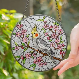Grey White Cockatiel Bird Stained Glass Art with Pink Red Blossoms - Tiffany Style Window Art Stained Glass Suncatcher