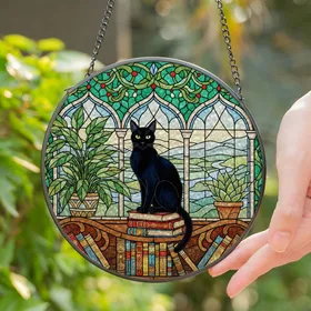 Black Cat Bookshelf Stained Glass Window Art with Books & Plants - Tiffany Jewel Tones Stained Glass Suncatcher