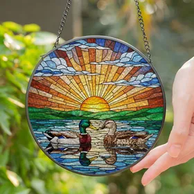 Mallard Duck Pair Tiffany Stained Glass Sun Art - Water Reflections Home Decor Gift Stained Glass Suncatcher