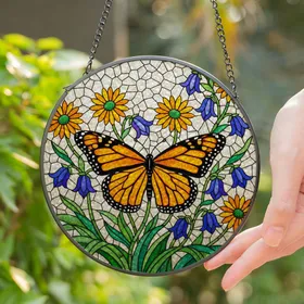 Monarch Butterfly Stained Glass Daisy Bell Flowers - Tiffany Style Iridescent Sunlight Decor Stained Glass Suncatcher