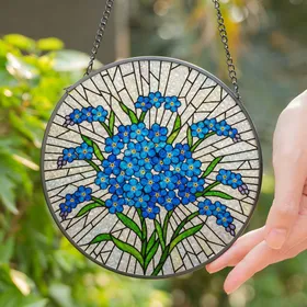 Blue Forget-Me-Nots Stained Glass Tiffany Style Floral Art - Garden Decor Stained Glass Suncatcher