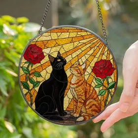 Black Cat Orange Tabby Cats with Glowing Eyes Red Roses Setting Sun Mosaic Tiffany Glass Art Stained Glass Suncatcher