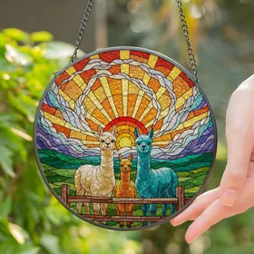 Three Alpacas Sunset Mosaic Tiffany Art - Rustic Fence Stained Glass Glowing Design Stained Glass Suncatcher