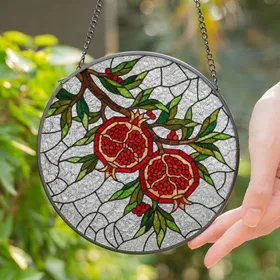 Pomegranates Berries Stained Glass Mosaic - Tiffany Style Emerald Ruby Jewel Tone Art Stained Glass Suncatcher