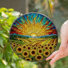Radiant Sun Sunflowers Stained Glass Art Field Horizon Landscape Garden View Stained Glass Suncatcher