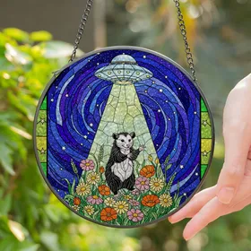 Opossum UFO Tractor Beam Stained Glass Wildflower Starry Night Celestial Garden Decor Stained Glass Suncatcher