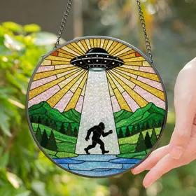 UFO Bigfoot Abduction Tiffany Stained Glass - Detailed Mountain Lake Forest Art Stained Glass Suncatcher