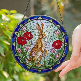 Vigilant Hare Stained Glass Red Blossoms Pink Tulips Mosaic Sky Intricate Geometric Border Stained Glass Suncatcher