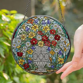 Stained Glass Floral Bouquet Vase - Bellflowers Lilies Daisies Jewel Tone Mosaic Art Stained Glass Suncatcher