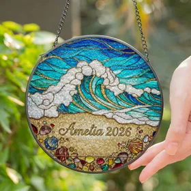 Crashing Ocean Waves Sandy Beach Seashells Art - Tiffany Style Glass Amelia 2026 Golden Swirls Stained Glass Suncatcher