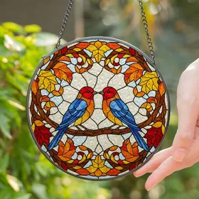 Stylized Songbirds Autumn Leaves Stained Glass Art - Tiffany Style Jewel Tones Window Decor Stained Glass Suncatcher