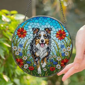 Merle Australian Shepherd Dog Tiffany Stained Glass Wildflower Mosaic Glowing Art Stained Glass Suncatcher