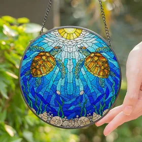 Mirrored Sea Turtles Radiant Sun Rays Ocean Waves - Seashell Underwater Scene Art Gift Stained Glass Suncatcher