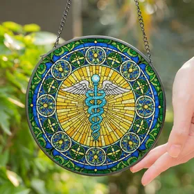 Radiant Caduceus Stained Glass Art with Ornate Medallions & Mosaic Sunburst Tiffany Style Stained Glass Suncatcher