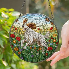 English Setter Dog Stained Glass Art - Poppies Marigolds Wildflowers Butterfly Dog Lover Gift Stained Glass Suncatcher