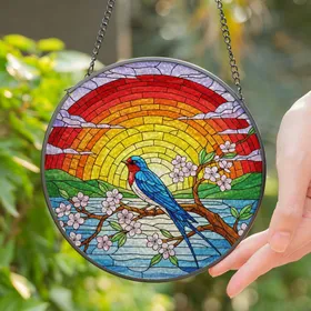 Blue Swallow Stained Glass Sunset Mosaic Art - Waters, Pink Blossoms, Green Hills & Branch Stained Glass Suncatcher