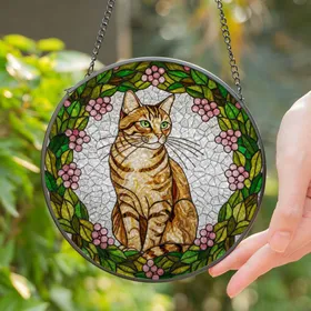 Tabby Cat Stained Glass Mosaic with Green Eyes, Wreath & Teal - Tiffany Style Home Decor Gift Stained Glass Suncatcher