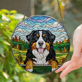 Detailed Bernese Mountain Dog Stained Glass Tiffany Art - Mosaic Hills Sky Dog Lover Gift Stained Glass Suncatcher