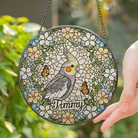 Grey Cockatiel Timmy Colorful Butterflies Stained Glass Floral Wreath Jewel Tone Mosaic Stained Glass Suncatcher