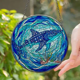 Majestic Whale Shark Tiffany Glass Mosaic - Translucent Jewel Tone Ocean Current Art Stained Glass Suncatcher
